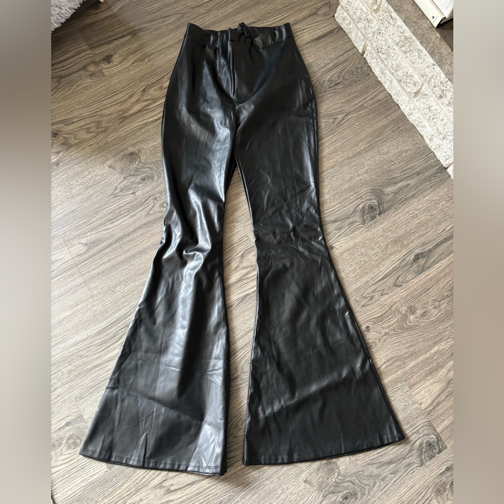 Fashion Nova Black Faux Leather Bell Bottom Pants 5 NWOT